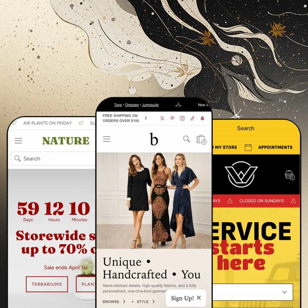 Bespoke Shopify theme mobile preview showing all three presets side by side: Nature for home and garden, Bespoke for fashion, and Workshop for auto services