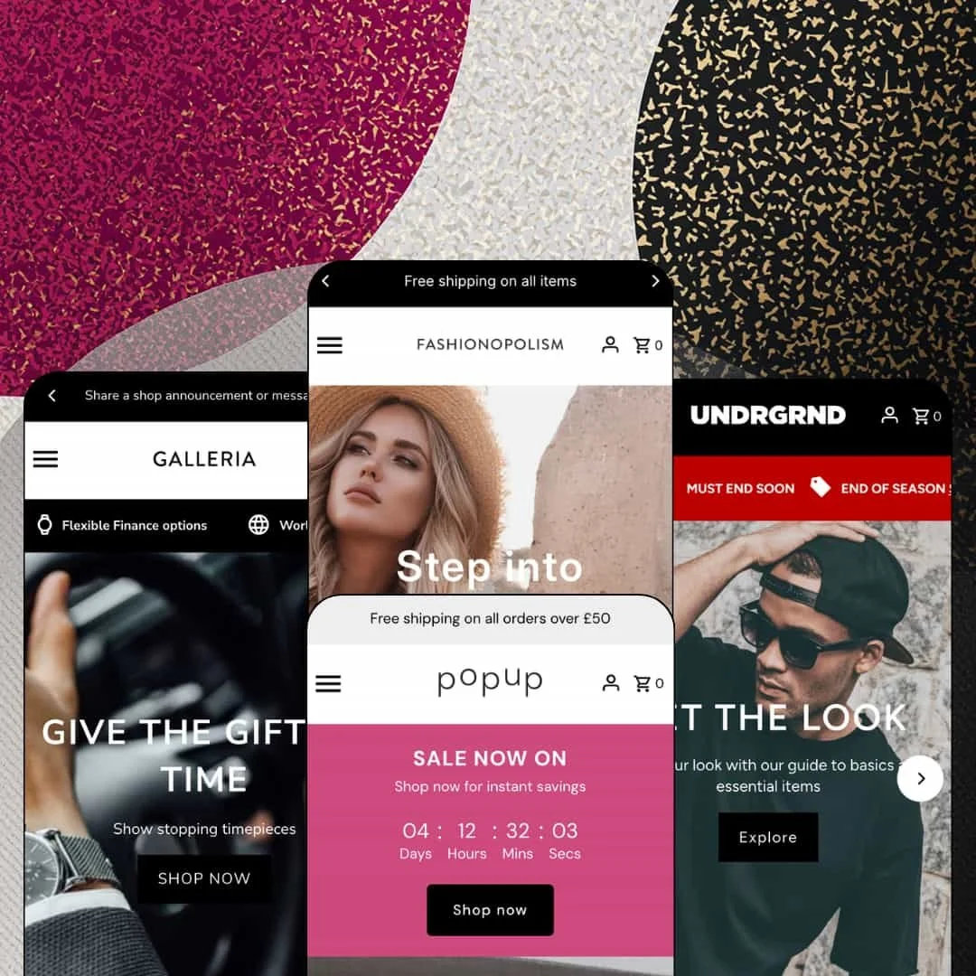 Fashionopolism Shopify theme presets in mobile view — Horology for watches, Fashionopolism for womenswear, Salon for homewares, Haute for menswear