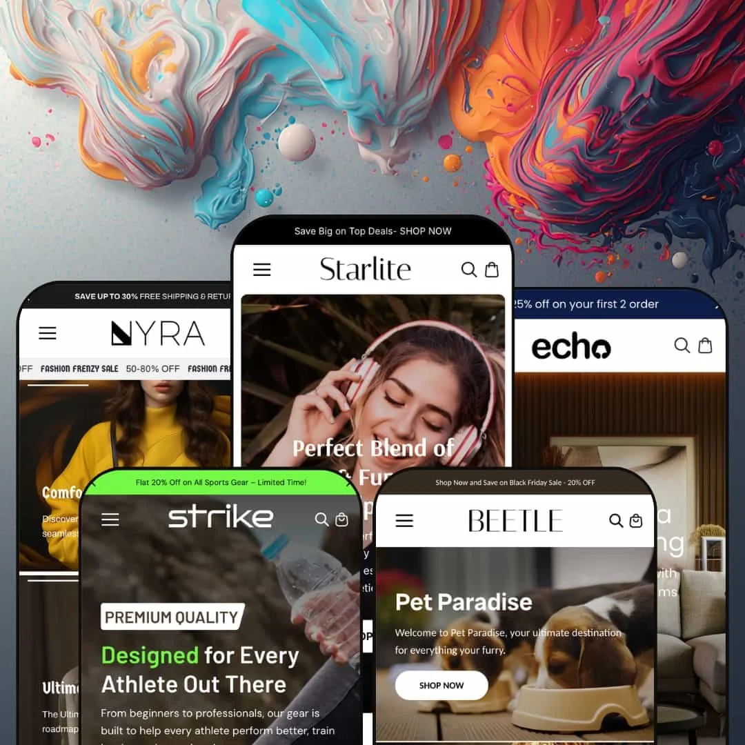Starlite Shopify theme presets in mobile view — Nyra for fashion, Strike for sports, Starlite for electronics, Beetle for pets, Echo for furniture