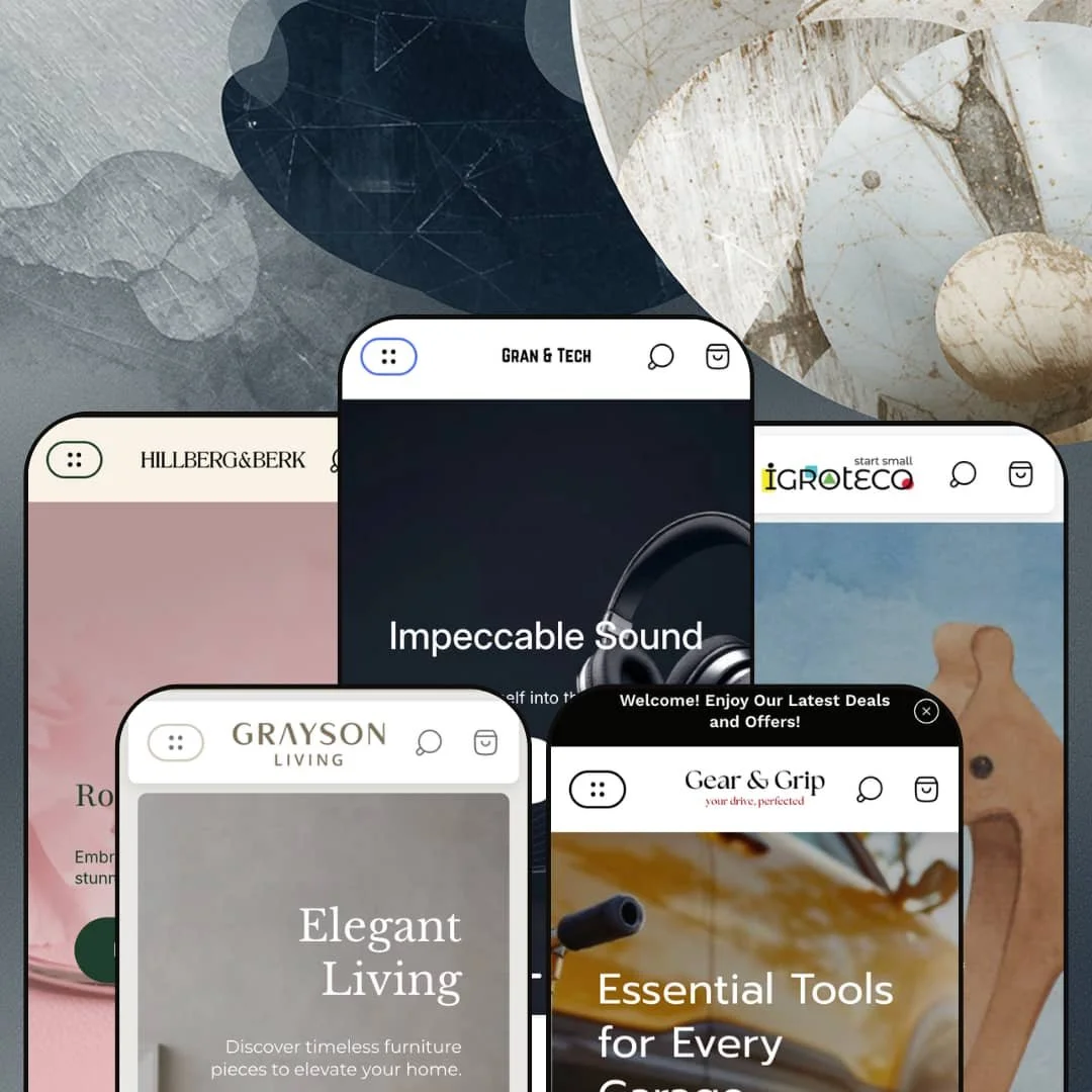 Ultra Shopify theme presets in mobile view — Grace for jewelry, Harbor for furniture, Ultra for electronics, Grip for auto, Sprout for toys.