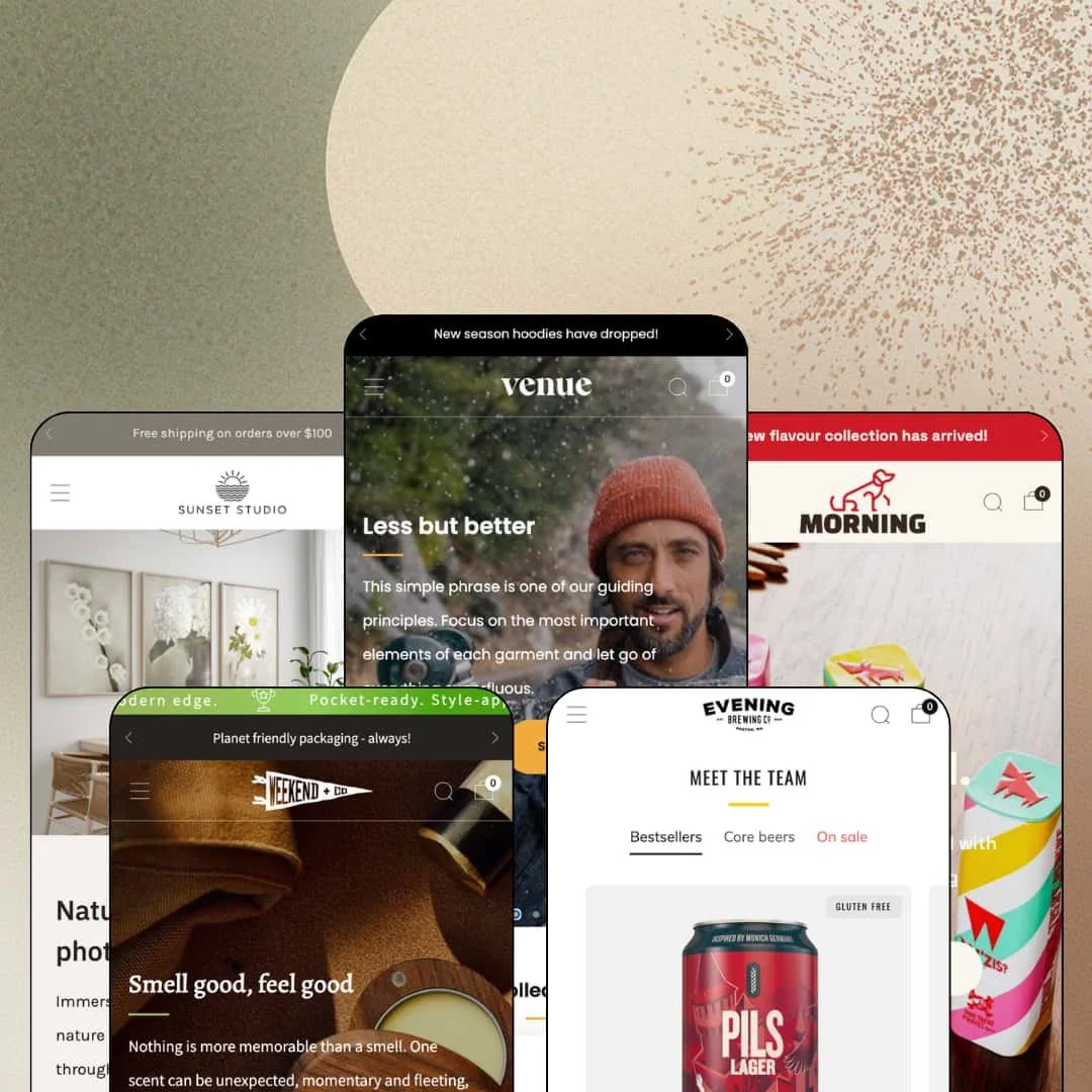 Venue Shopify theme presets in mobile view — Sunset for art prints, Weekend for gifts, Venue for clothing, Evening for drinks, Morning for pets