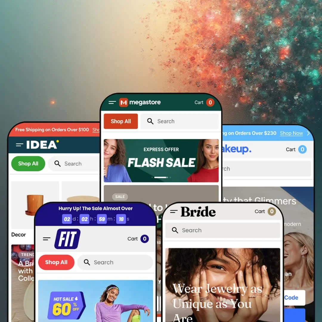 A composite image showing five different versions of the Megastore Shopify theme by Creative Commerce displayed on smartphone screens. Each screen showcases the theme's adaptation for different niches.