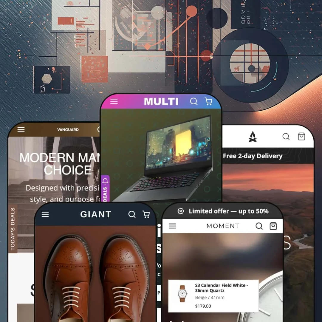 Multi Shopify theme presets in mobile view — Vanguard for bags, Giant for footwear, Multi for electronics, Moment for watches, Cobalt for outdoors