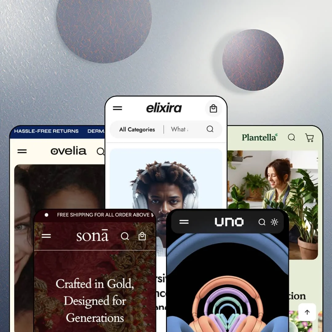 Elixira Shopify theme presets in mobile view — Ovelia for skincare, Sona for jewellery, Elixira for electronics, Uno for headphones, Plantella for plants