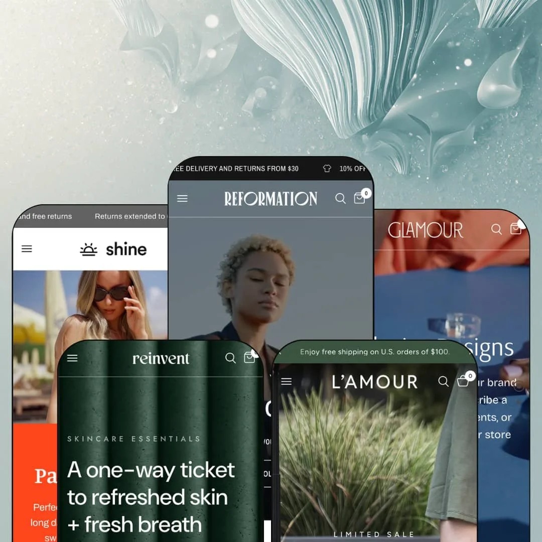 Reformation Shopify theme presets in mobile view — Sunshine for swimwear, Reinvent for beauty, Reformation for apparel, Instance for bags, Glamour for jewelry