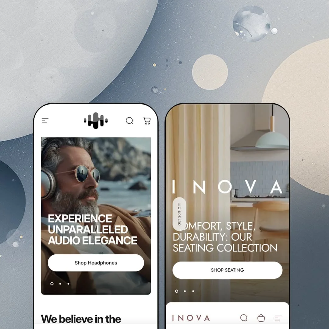 Concept Shopify theme presets in mobile view — Concept for audio gear, Inova for home furniture