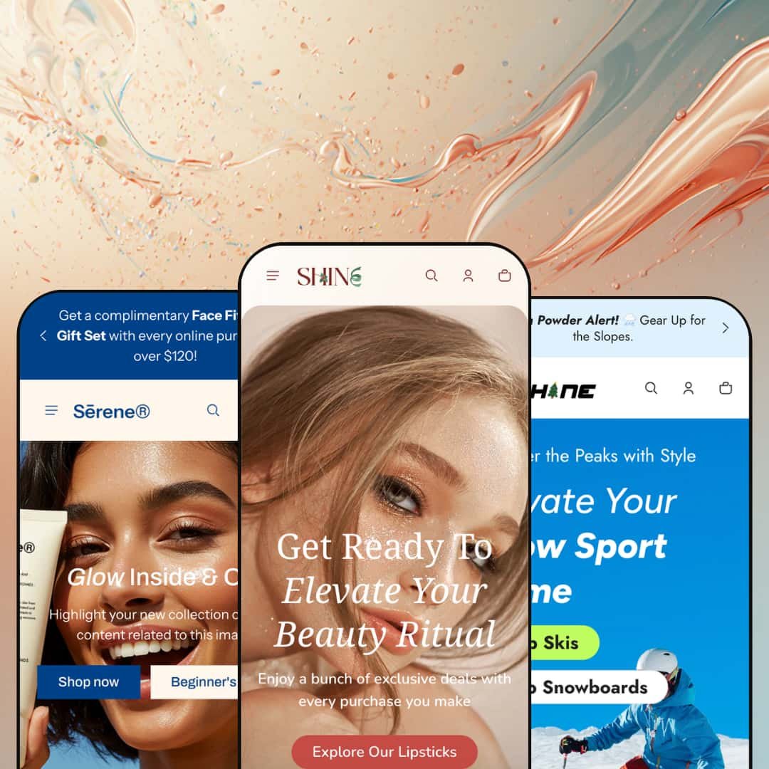 Shine Shopify theme presets in mobile view — Serene for skincare, Shine for cosmetics, Energetic for snow-sports gear