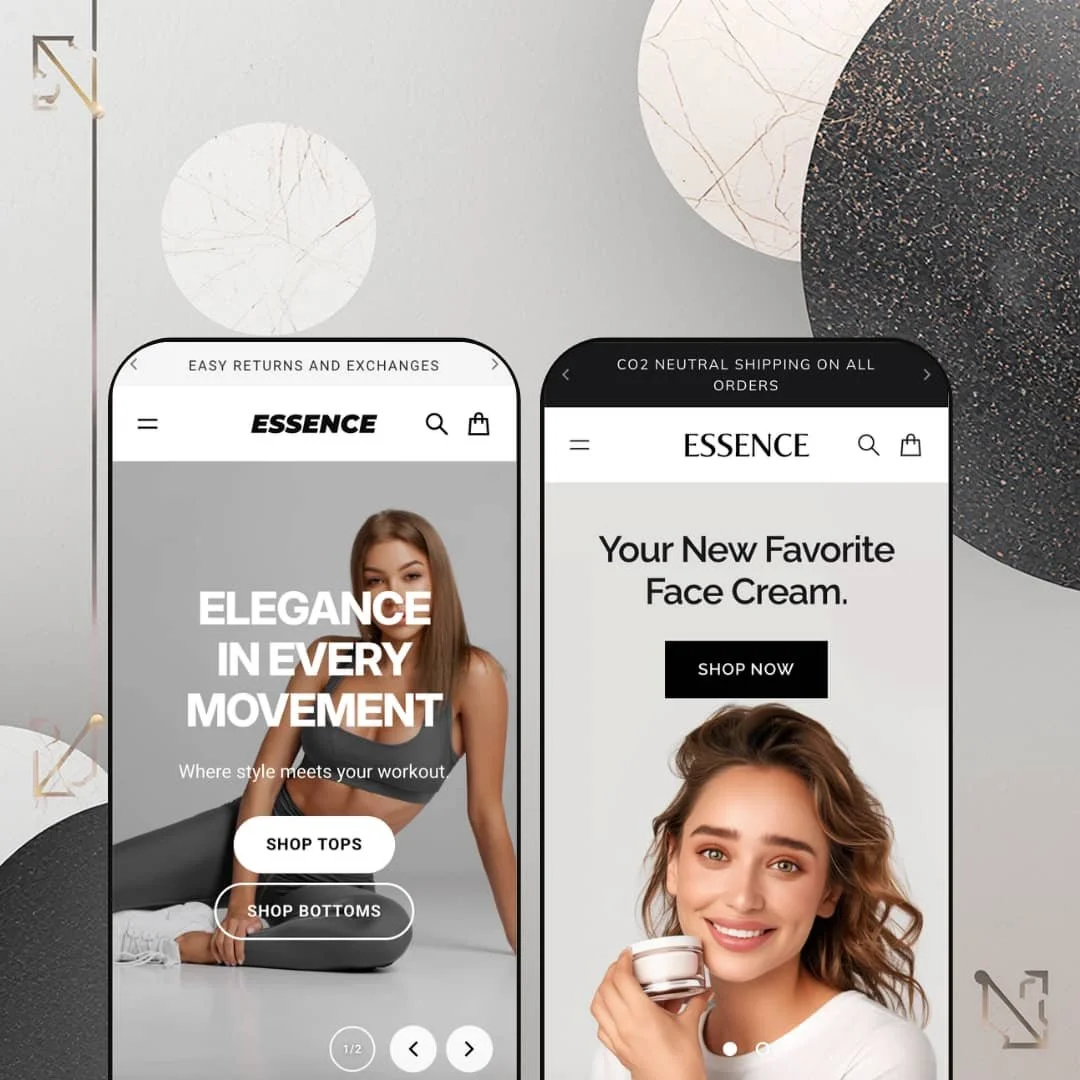 Essence Shopify theme presets in mobile view — Essence for activewear, Cadence for skincare and beauty.