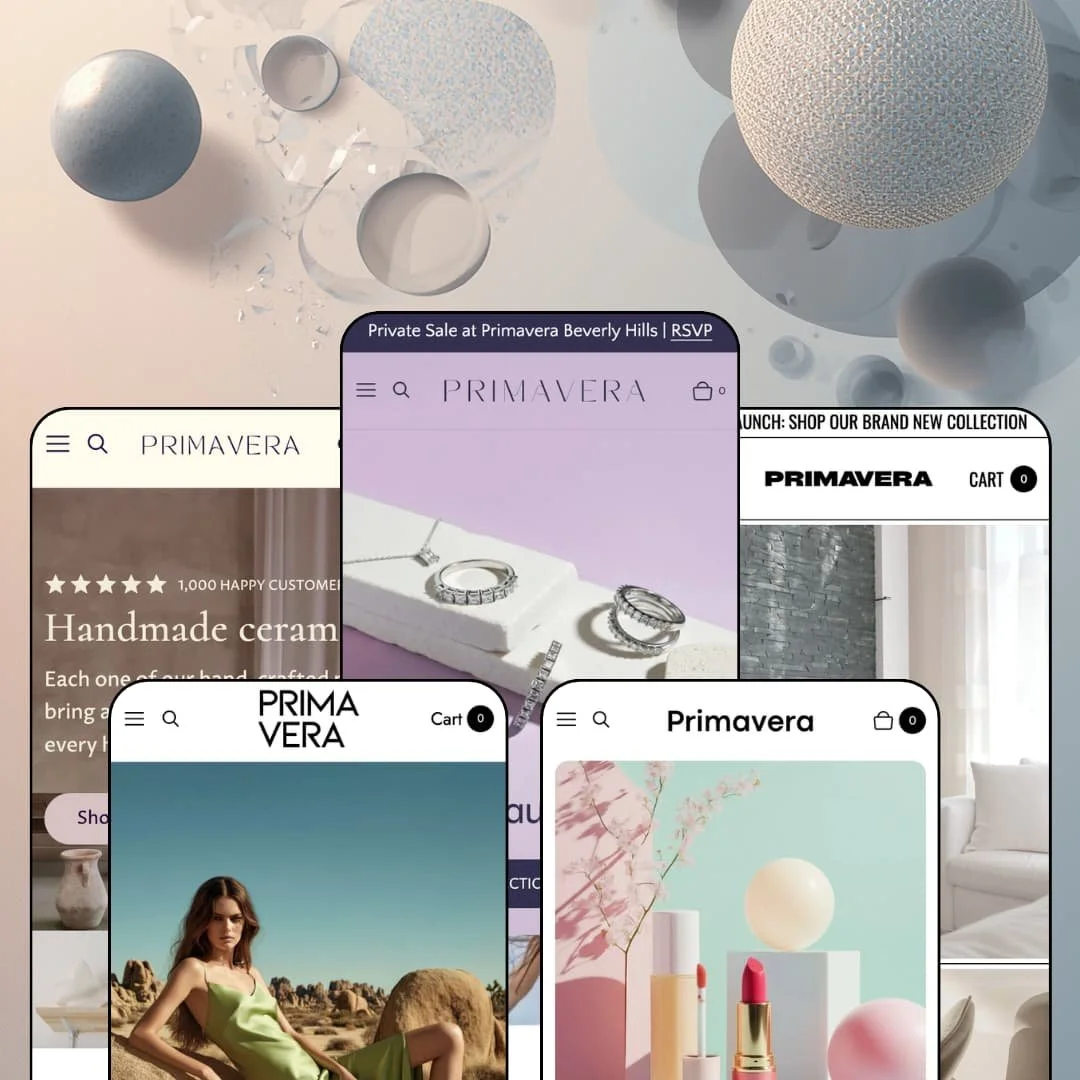 Primavera Shopify theme presets in mobile view — Gaia for ceramics, Savoir for fashion, Primavera for jewelry, Gloss for beauty, Composition for furniture