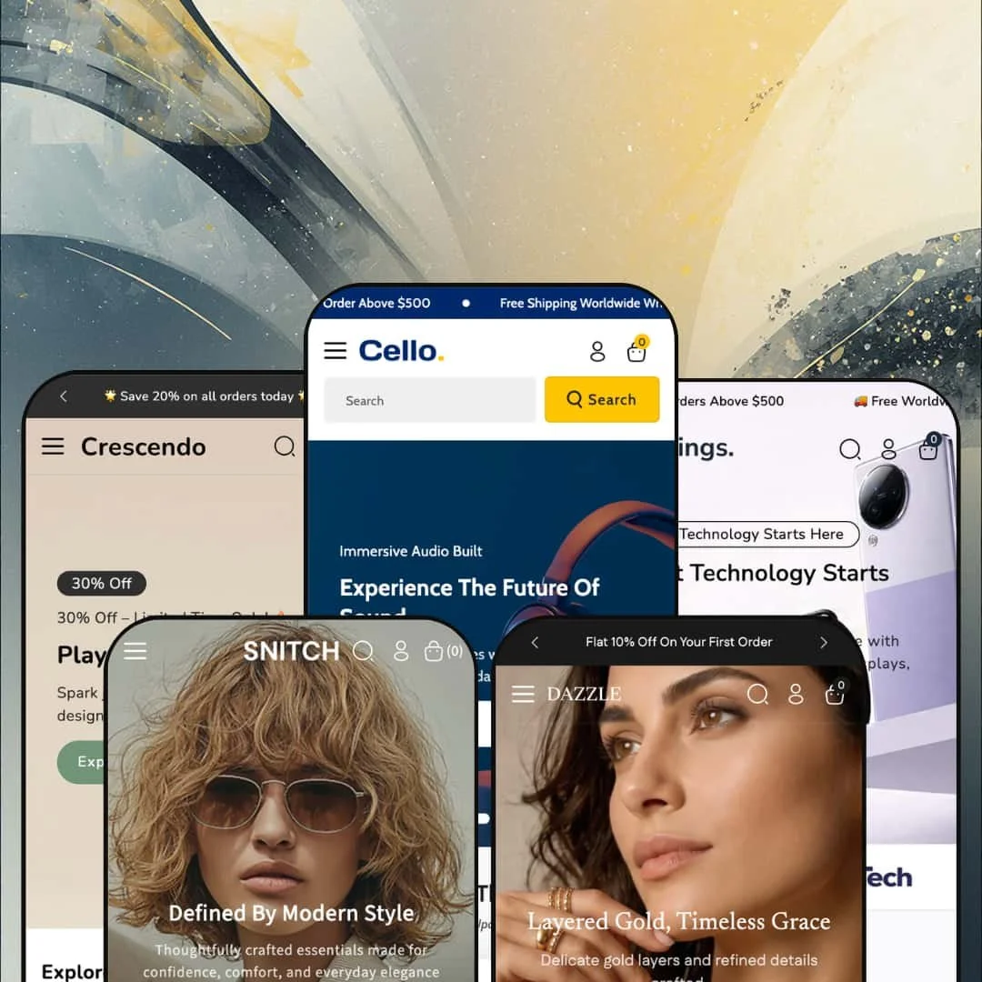 Cello Shopify theme presets in mobile view — Crescendo for toys, Snitch for fashion, Cello for audio, Dazzle for jewelry, Strings for electronics