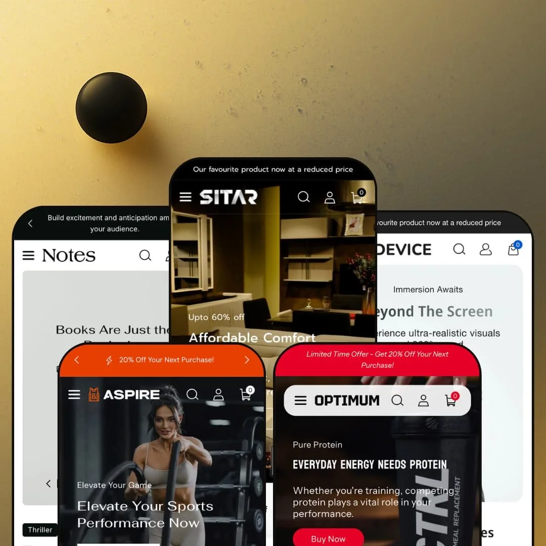 Sitar Shopify theme presets in mobile view — Notes for books, Aspire for activewear, Sitar for furniture, Optimum for supplements, Device for electronics.
