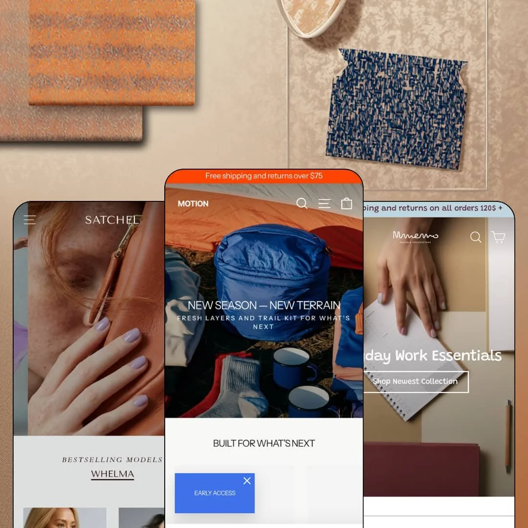 Motion Shopify theme presets in mobile view — Satchel for handbags, Motion for outdoor apparel, Memo for desk and home goods