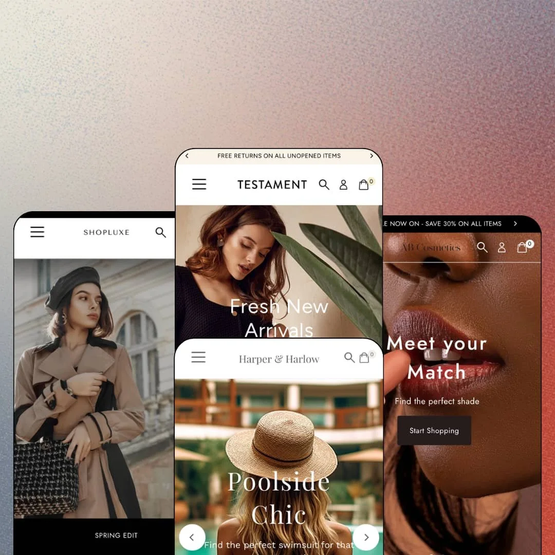 Testament Shopify theme presets in mobile view — Genesis for accessories, Testament for fashion, Revelation for swimwear, Exodus for beauty