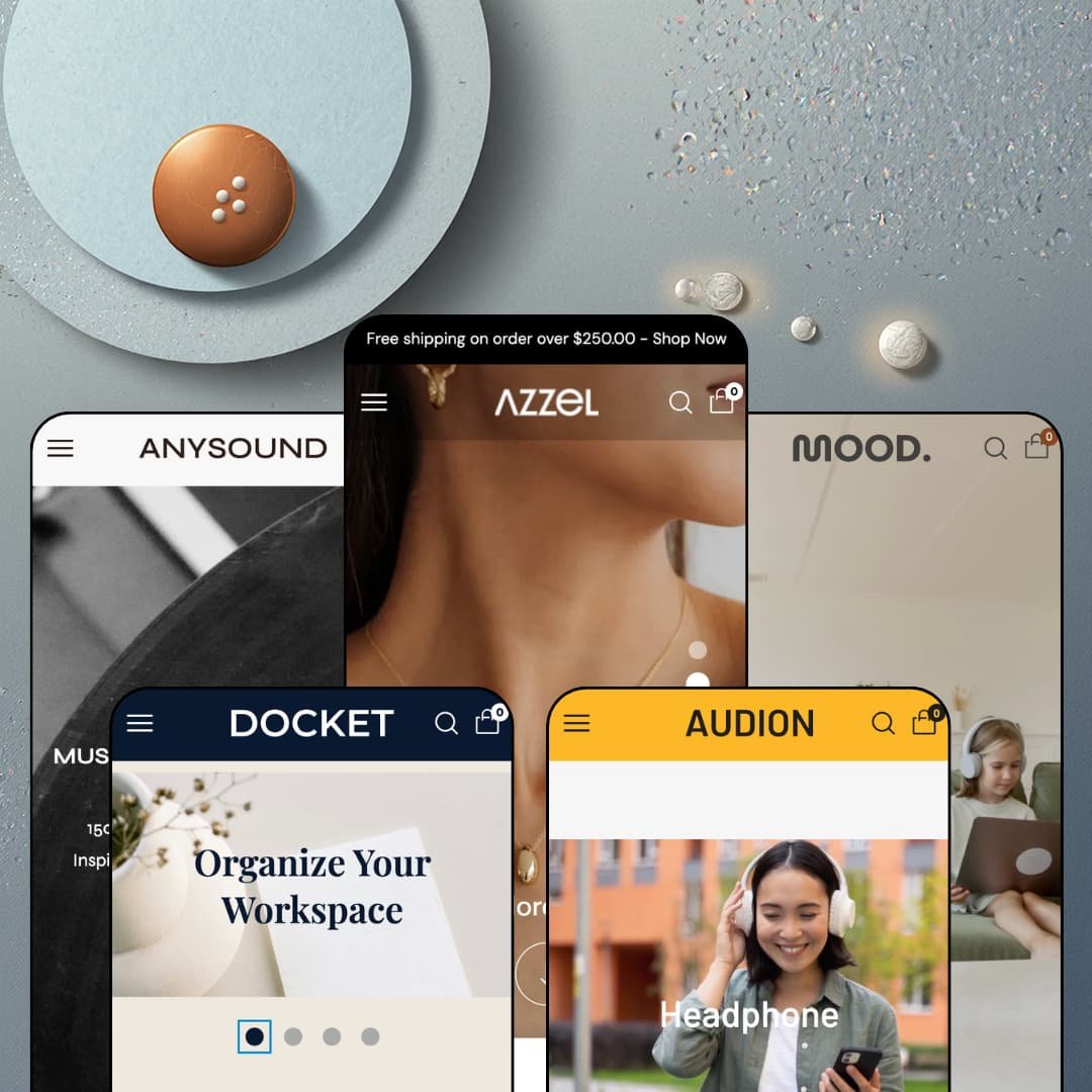 Azzel Shopify theme presets in mobile view — Anysound for music, Docket for stationery, Azzel for fashion, Audion for audio, Mood for furniture