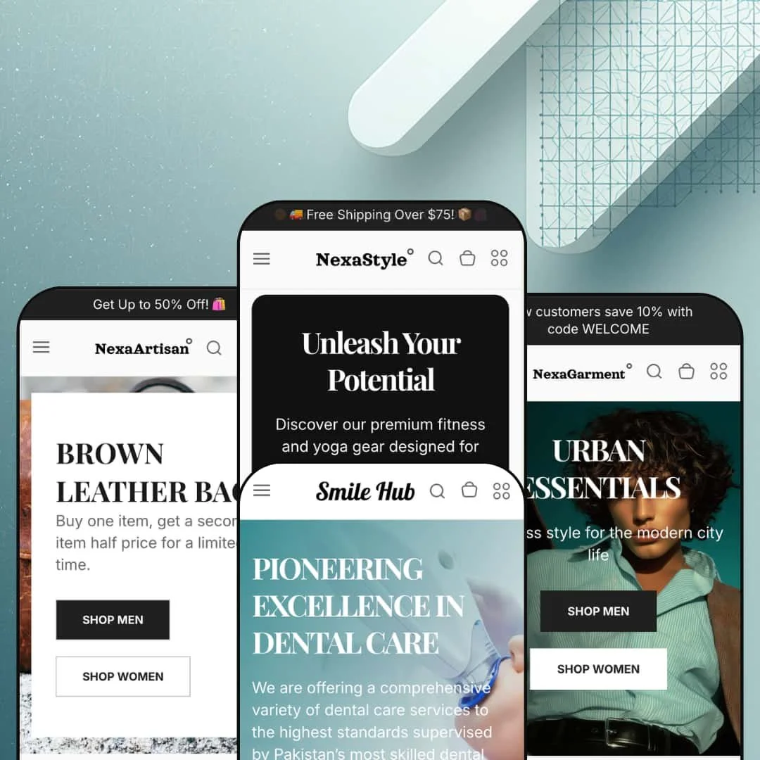 Nexa Shopify theme presets in mobile view — Artisan for leather goods, Nexa for athleisure, Smile for dental services, and Garment for streetwear