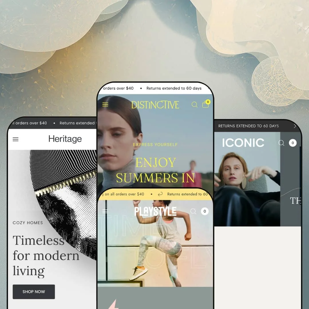Distinctive Shopify theme presets in mobile view — Lineage for furniture, Distinctive for fashion, Playstyle for activewear, Monark for accessories