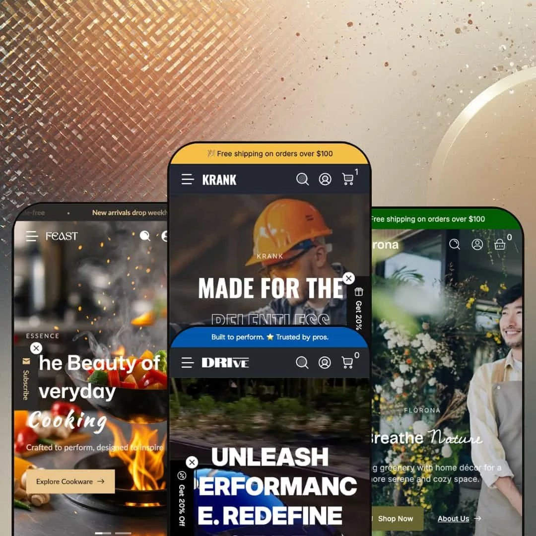 A composite image showing four different versions of the Krank Shopify theme by Webvista Studio displayed on smartphone screens. Each screen showcases the theme's adaptation for different niches.