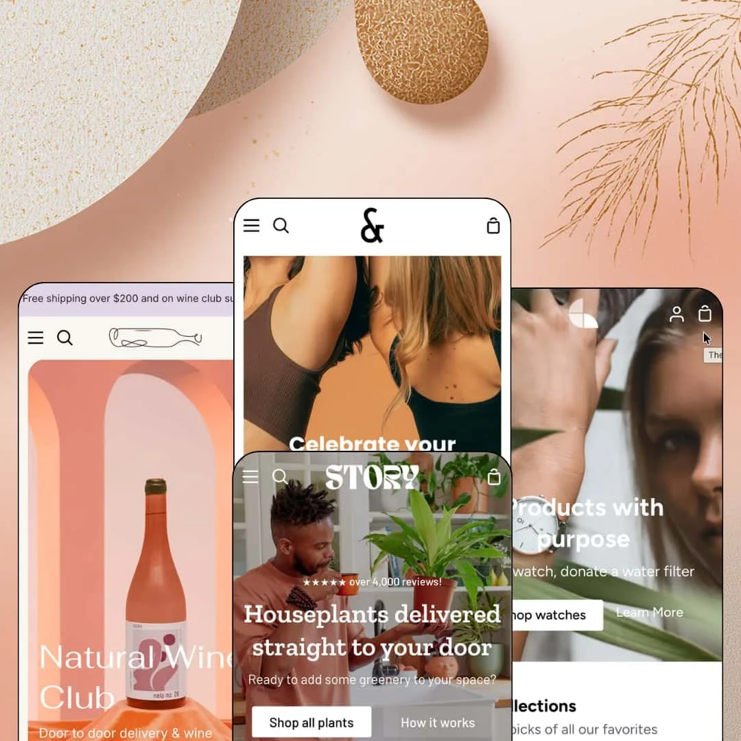 Story Shopify theme presets in mobile view — Solace for wine, Story for activewear, Spade for plants, Shale for watches.