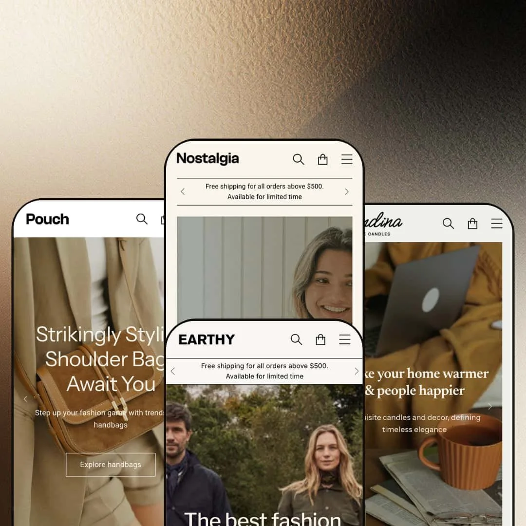 Nostalgia Shopify theme presets in mobile view — Pouch for handbags, Nostalgia for women's fashion, Earthy for menswear, Scandina for homeware.