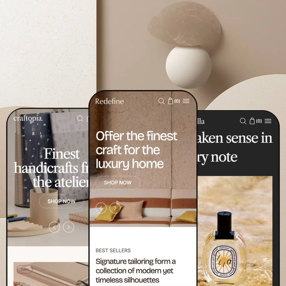 Redefine Shopify theme presets in mobile view — Binderia for stationery, Redefine for home goods, Scentella for beauty.