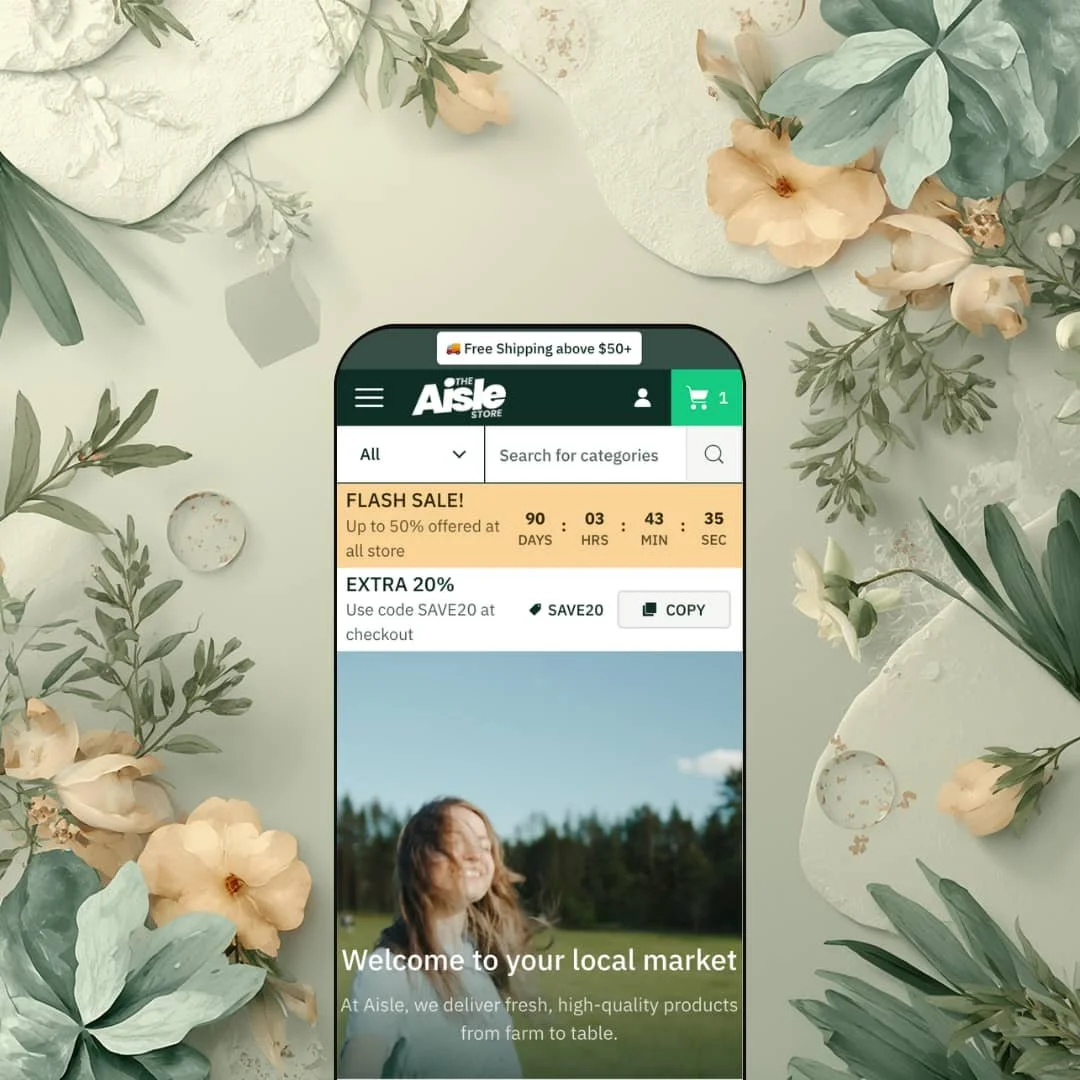 Aisle Shopify theme mobile preview — single grocery preset with a farm-to-table hero and flash-sale countdown bar.