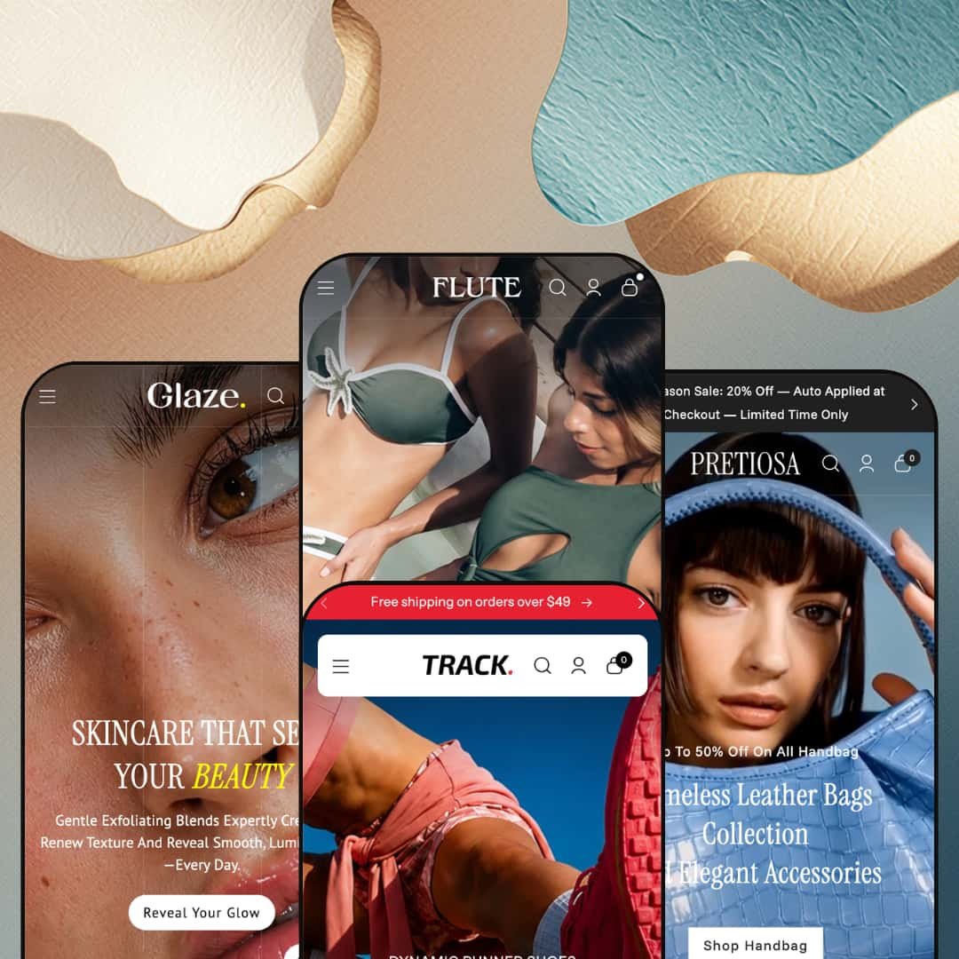 Flute Shopify theme presets in mobile view — Glaze for beauty, Flute for swimwear, Track for footwear, Pretiosa for handbags.
