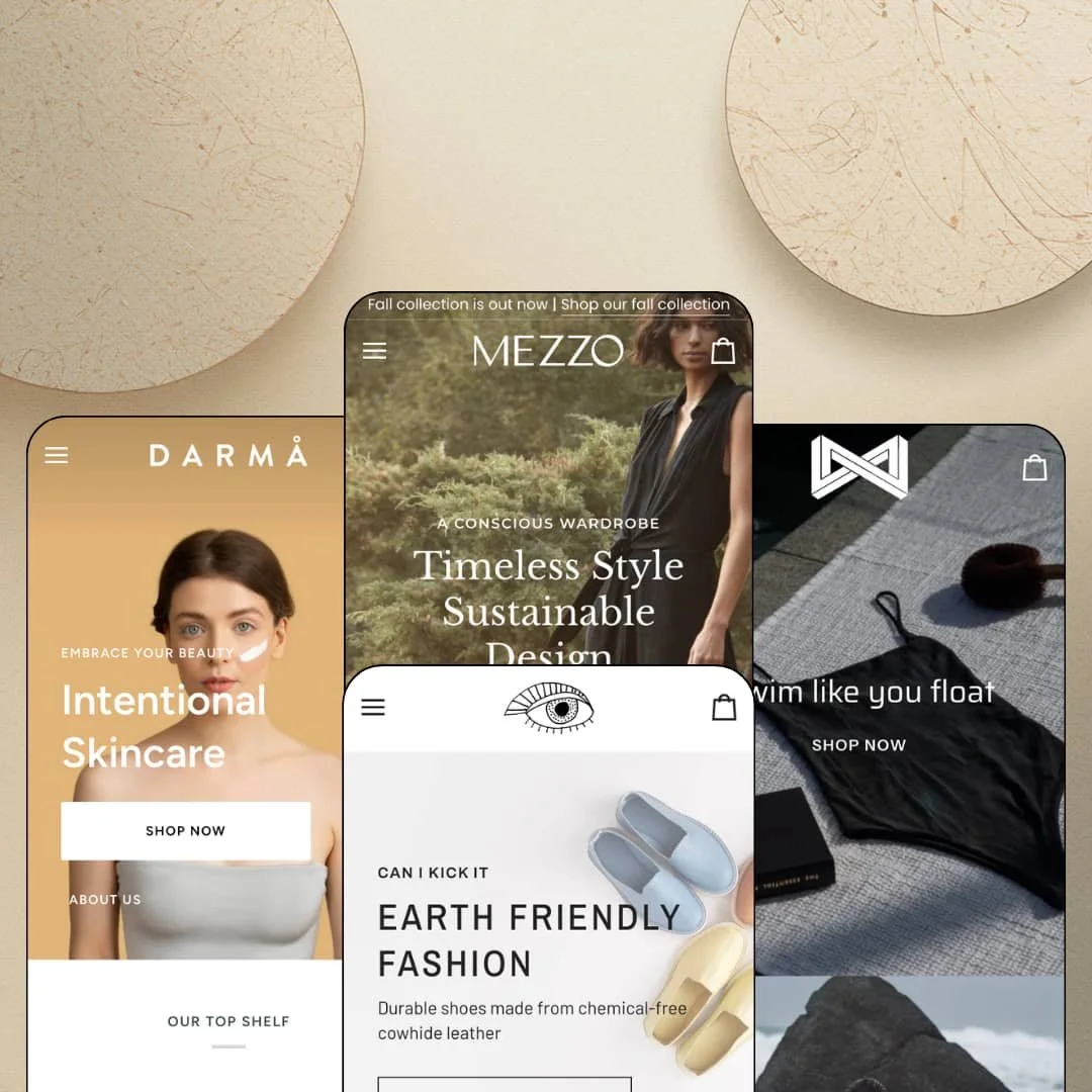 Pipeline Shopify theme presets in mobile view — Pahoa for skincare, Pipeline for womenswear, Petra for footwear, Phantom for swimwear