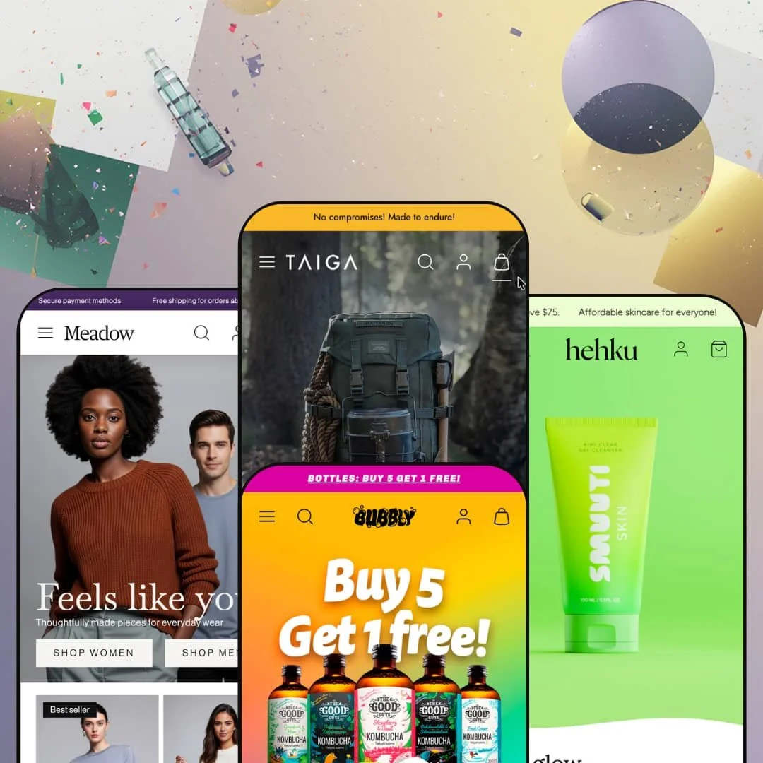Taiga Shopify theme presets in mobile view — Meadow for fashion, Taiga for outdoor gear, Bubbly for food and drink, Hehku for skincare