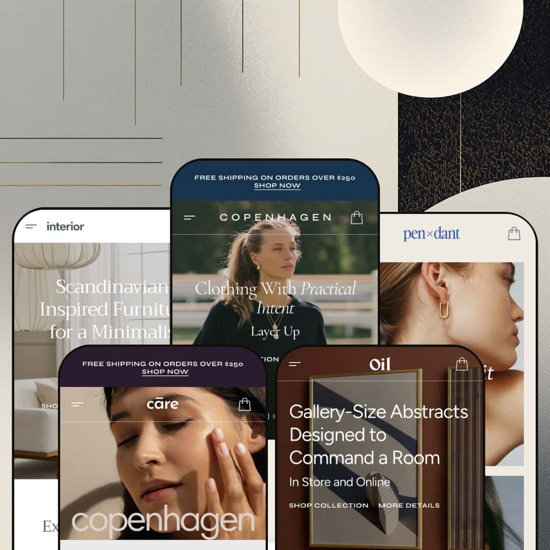 Copenhagen Shopify theme presets in mobile view — Copenhagen for clothing, Interior for furniture, Care for beauty, Pendant for jewelry, Oil for wall art.