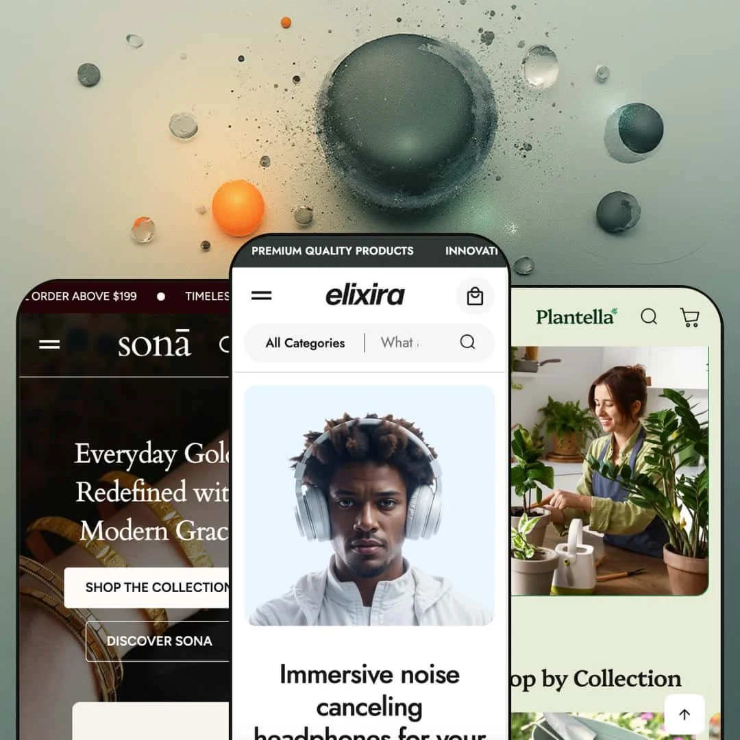 A composite image showing three different versions of the Elixira Shopify theme by MUUP displayed on smartphone screens. Each screen showcases the theme's adaptation for different niches.