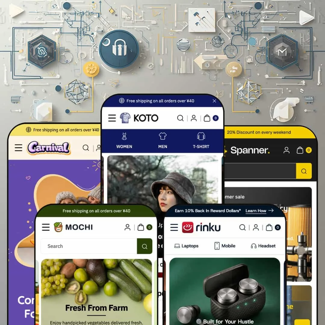 Koto Shopify theme presets in mobile view — Carnival for kids, Mochi for grocery, Koto for clothing, Rinku for electronics, Spanner for hardware.