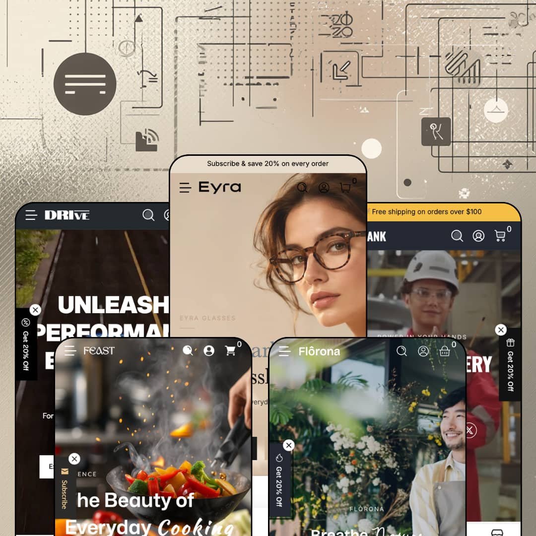 Krank Shopify theme presets in mobile view — Drive for auto parts, Feast for kitchenware, Eyra for eyewear, Florona for plants, Krank for power tools