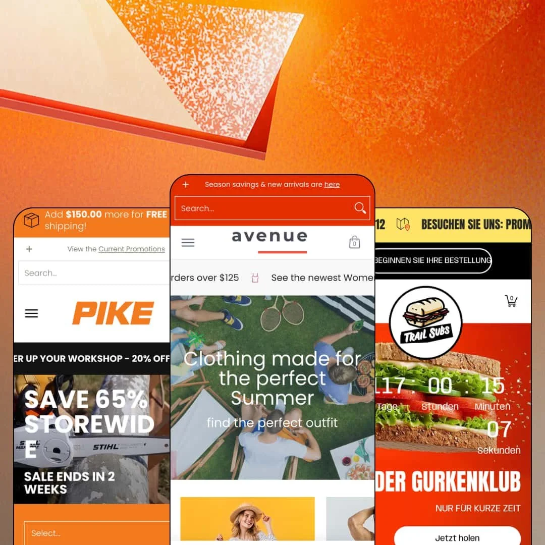 Avenue Shopify theme presets in mobile view — Pike for hardware, Avenue for clothing, Trail for restaurants