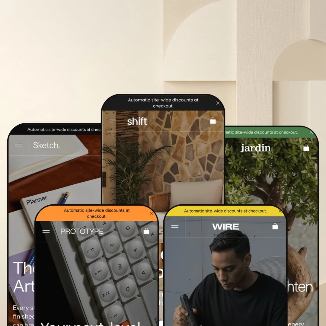 Five mobile mockups of the Shift Shopify theme presets: Shift, Sketch, Jardin, Prototype, and Wire