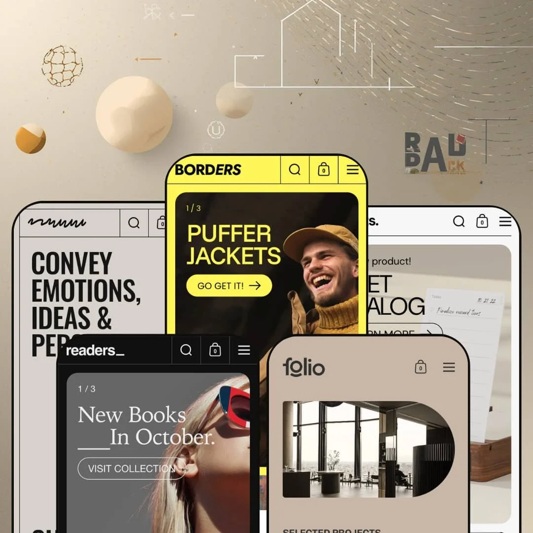 Borders Shopify theme presets in mobile view — Mosaic for art, Readers for books, Borders for apparel, Folio for architecture, Objekts for homeware