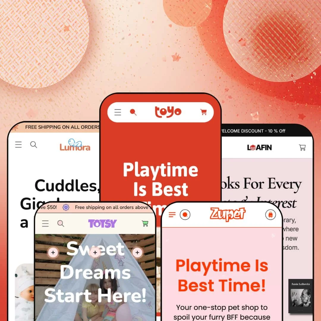 Toyo Shopify theme presets in mobile view — Lumora for baby care, Totsy for kids' apparel, Toyo for toys, Zupet for pet care, Leafin for books