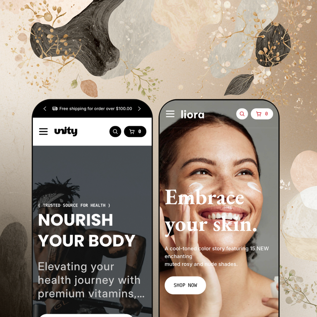 Unity Shopify theme mobile preview showing both presets side by side: Unity with a dark wellness-focused hero and bold typography, and Liora with an editorial skincare layout featuring warm tones and lifestyle photography.