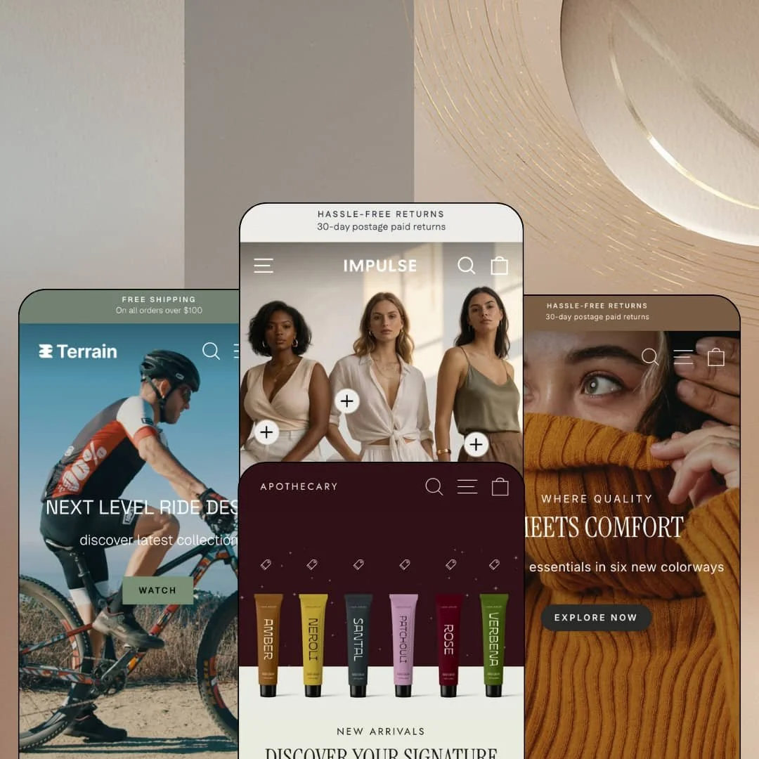 Impulse Shopify theme presets in mobile view — Terrain for cycling, Impulse for fashion, Apothecary for body care, Dune for apparel