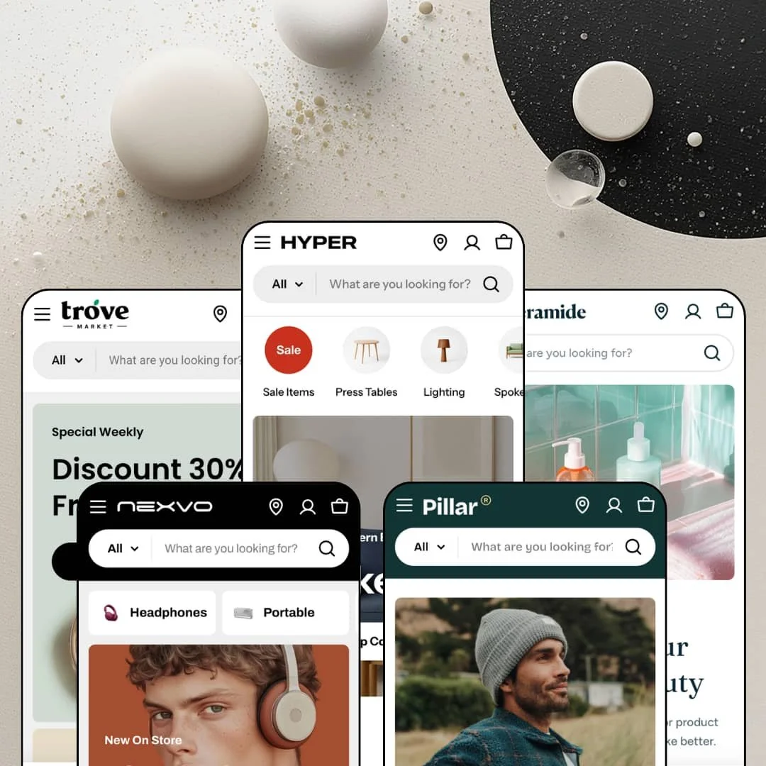 Hyper Shopify theme presets in mobile view — Trove for groceries, Nexvo for electronics, Hyper for furniture, Pillar for menswear, Ceramide for beauty
