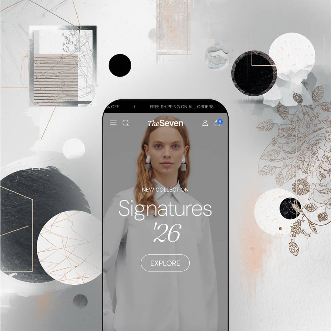 Seventh Shopify theme displayed on a mobile device showing the Signatures '26 collection hero with editorial typography and an Explore CTA button