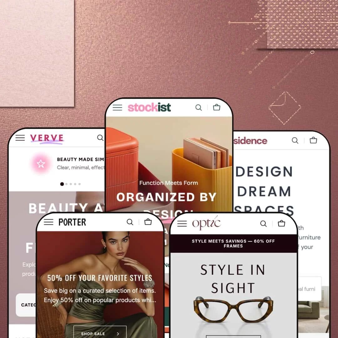 Five mobile previews of the Stockist Shopify theme presets: Verve (beauty), Stockist (books and stationery), Residence (home decor), Porter (fashion), and Optic (eyewear), each showing a distinct hero section and branding style.