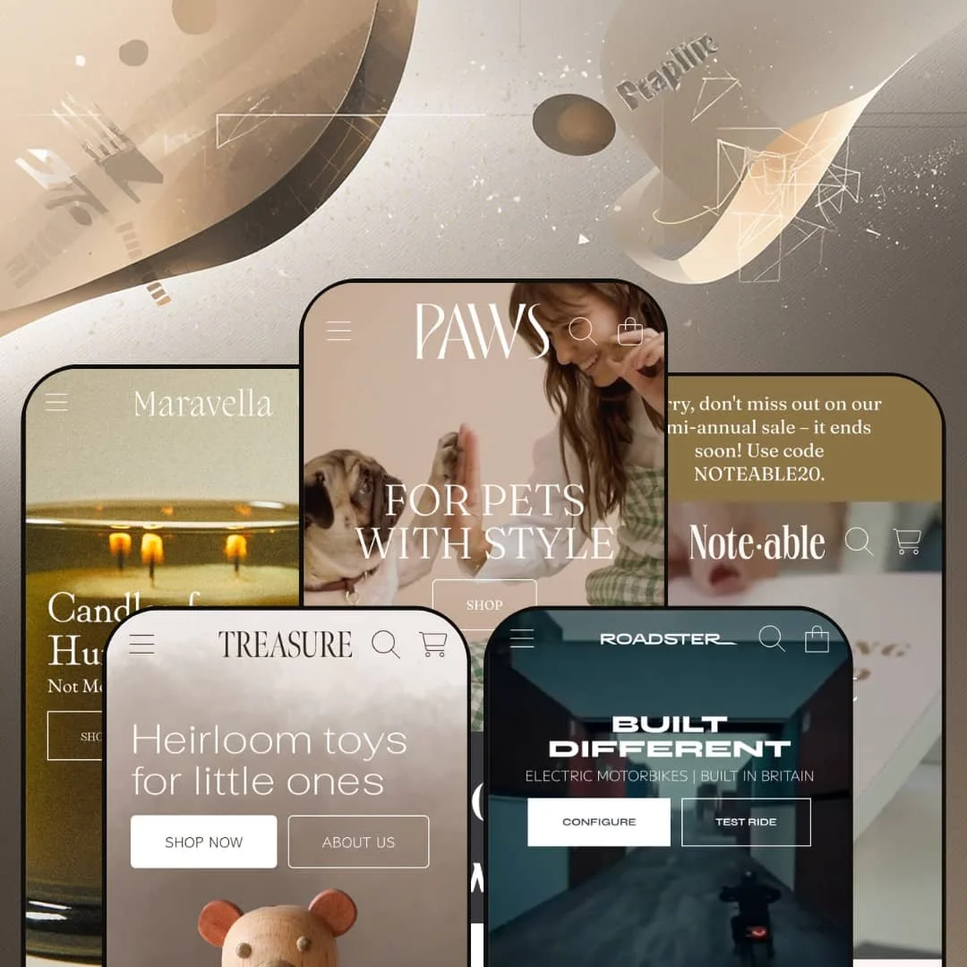 Honey Shopify theme presets in mobile view — Maravella for candles, Treasure for toys, Paws for pets, Roadster for motorbikes, Noteable for stationery