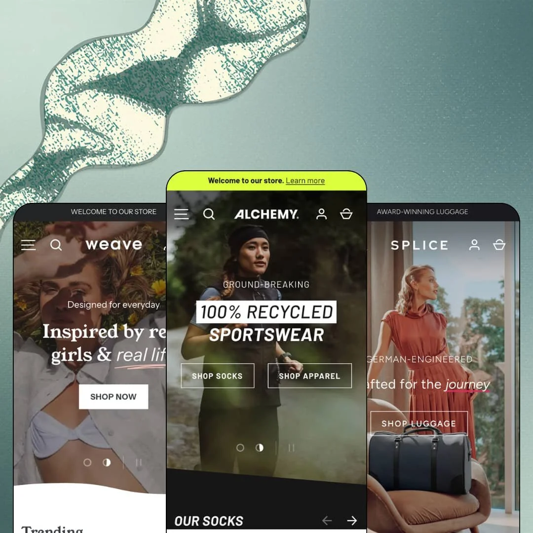 Alchemy Shopify theme presets in mobile view — Weave for womenswear, Alchemy for sportswear, Splice for luggage. (111 chars)