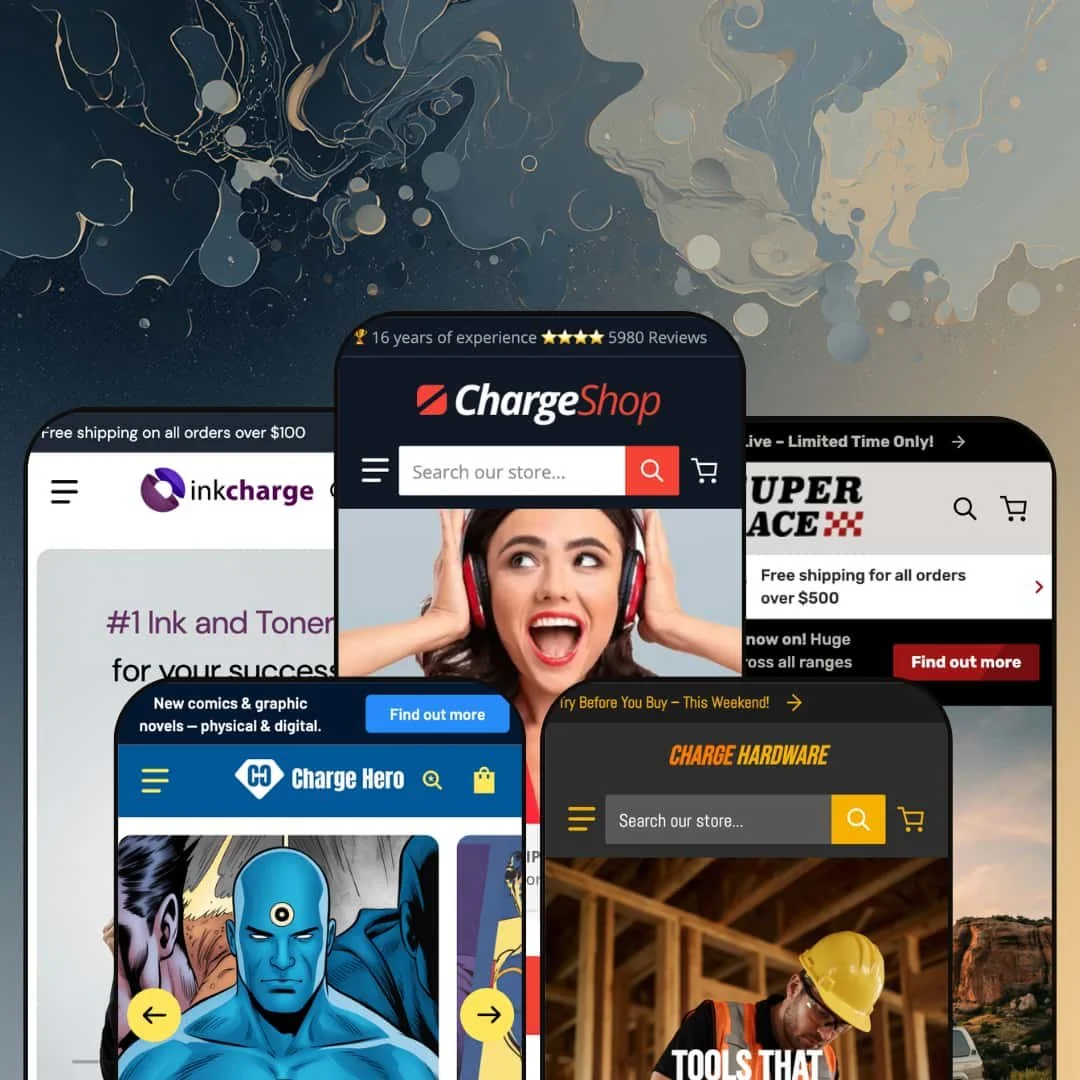 Charge Shopify theme mobile preview — Gorpcore for office supply, Hero for comics, Charge for electronics, Metalware for tools, Garage for parts.
