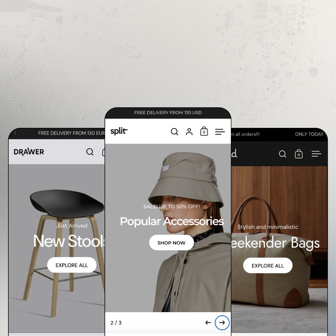 Split Shopify theme presets in mobile view — Drawer for furniture, Split for rainwear, Nomad for travel bags