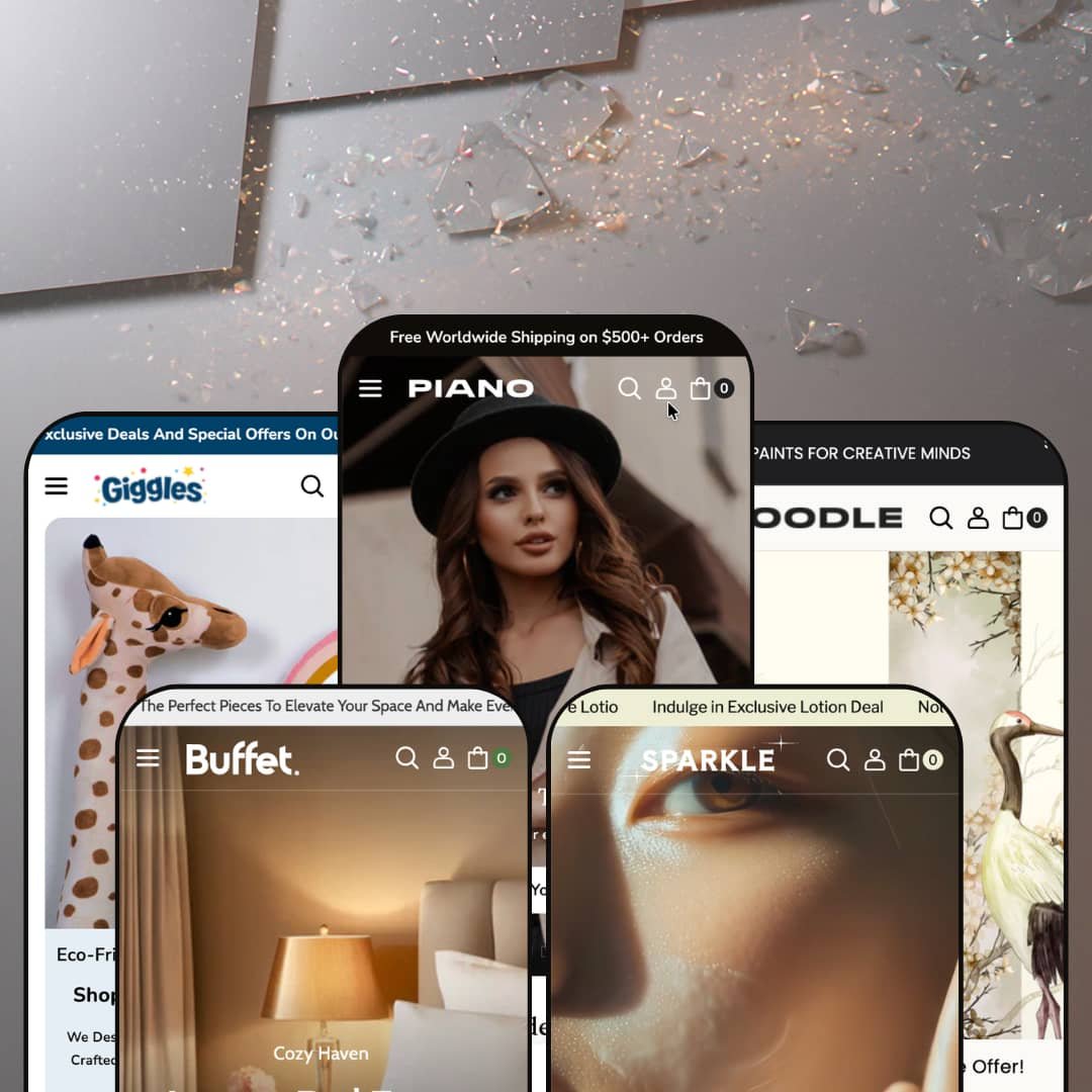 Piano Shopify theme presets in mobile view — Piano for fashion, Sparkle for beauty, Giggles for toys, Buffet for home decor, Doodle for wall art