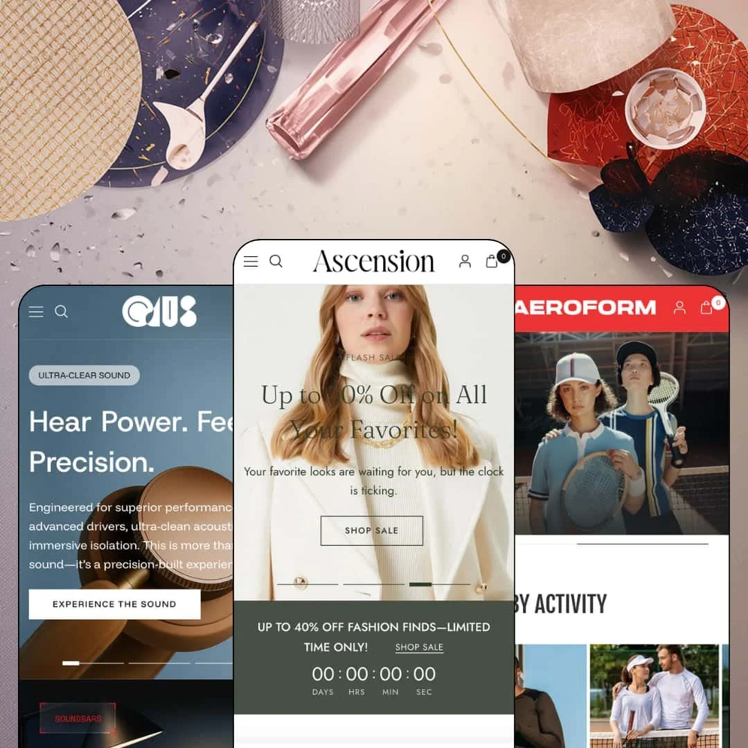 Ascension Shopify theme presets in mobile view — Opus for audio, Ascension for womenswear, Aeroform for activewear