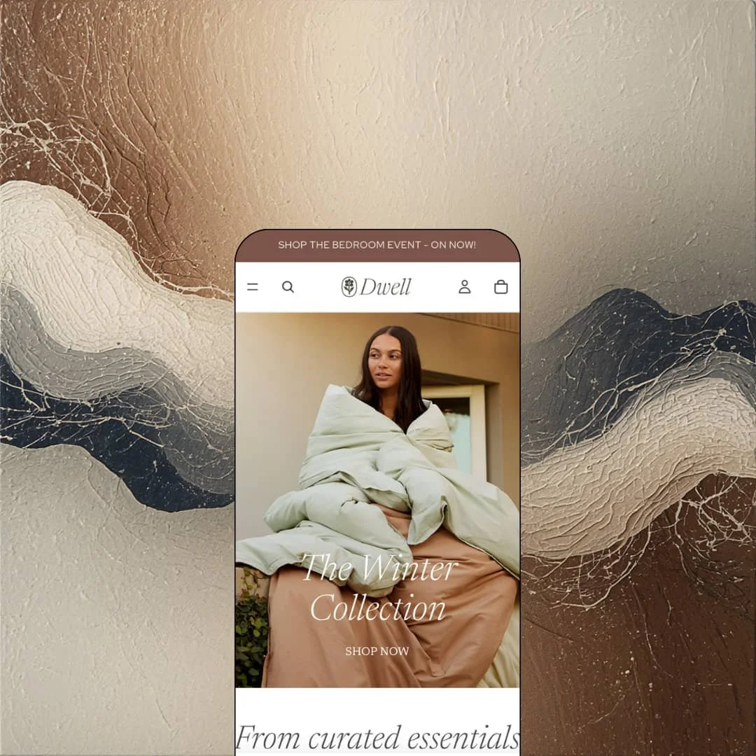 Dwell Shopify theme mobile preview — single home-goods preset with an italic serif "The Winter Collection" headline over a winter bedroom hero.