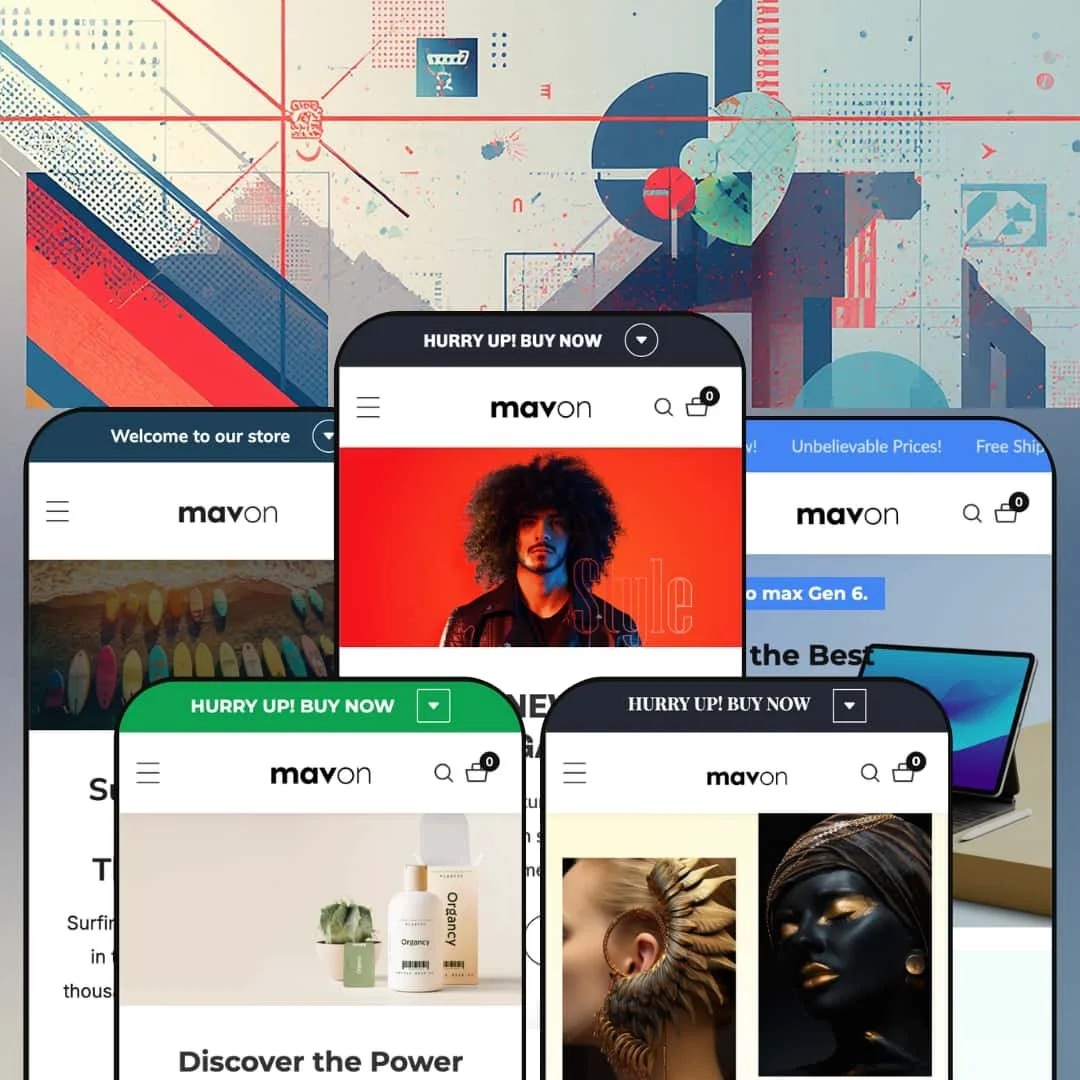 Mavon Shopify theme presets in mobile view — Buoyant for surf gear, Dewy for beauty, Mavon for fashion, Brilliant for jewelry, Nimble for electronics