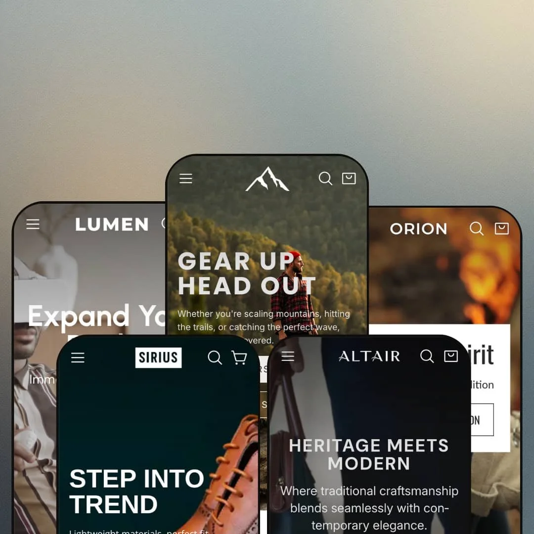 A composite image showing five different versions of the Nova Shopify theme by Mile High Themes displayed on smartphone screens. Each screen showcases the theme's adaptation for different niches.